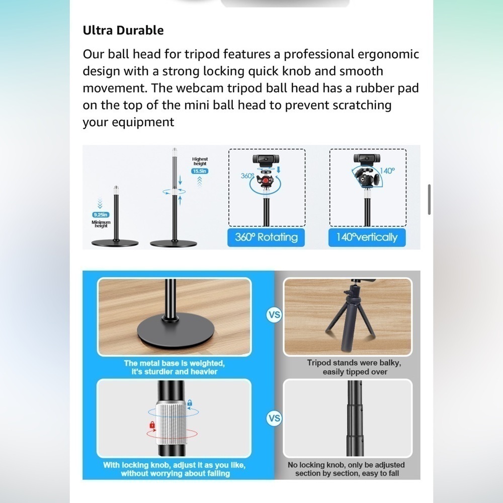 Webcam Tripod Stand for Desk:Logitech Brio | C920 | C922 Height/Angle Adjustable - Picture 9 of 10